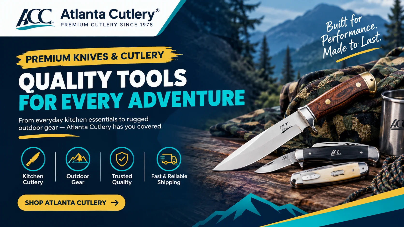 Atlanta Cutlery discount codes and deals featuring premium knives, cutlery, outdoor gear, historical replicas, and collectibles.