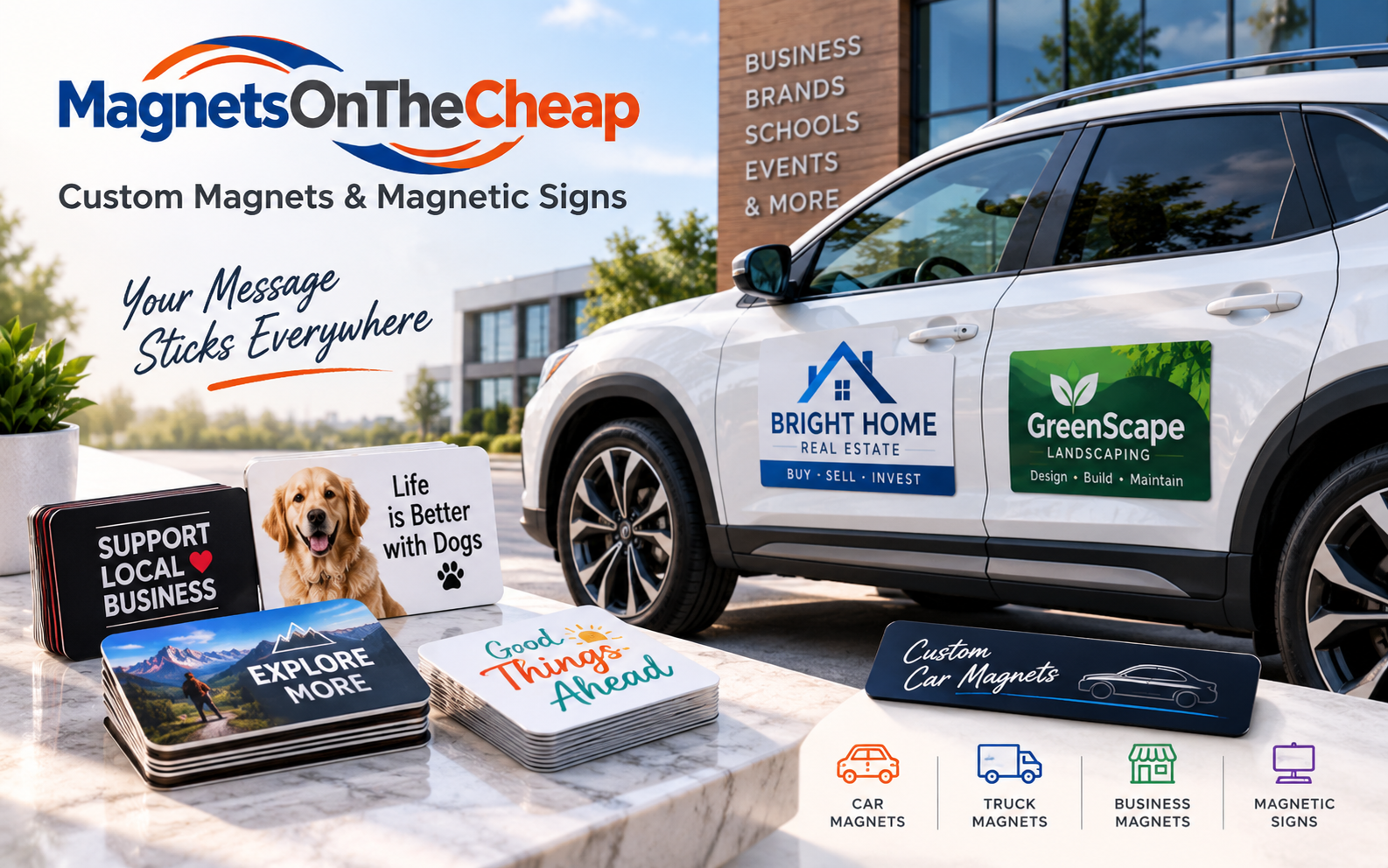 Magnets on the Cheap online custom printing platform showcasing personalized car magnets, fridge magnets, and business marketing signs.