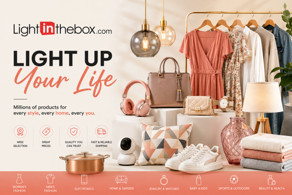 LightInTheBox global online shopping platform featuring fashion, wedding dresses, home décor, electronics, beauty products, accessories, and lifestyle essentials with worldwide delivery.