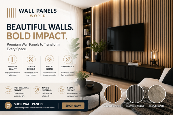 Wall Panels World collection featuring acoustic wall panels, MDF wall panelling kits, PVC bathroom panels, shower panels, slat wall panels, and premium interior wall solutions for home renovation.