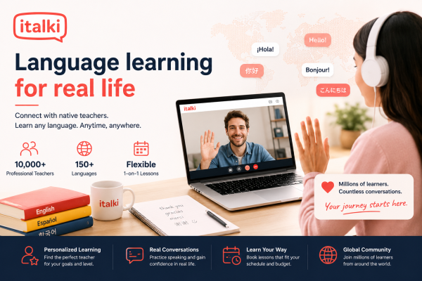 italki online language learning platform featuring one-on-one lessons, professional language teachers, community tutors, and personalized courses in more than 150 languages.